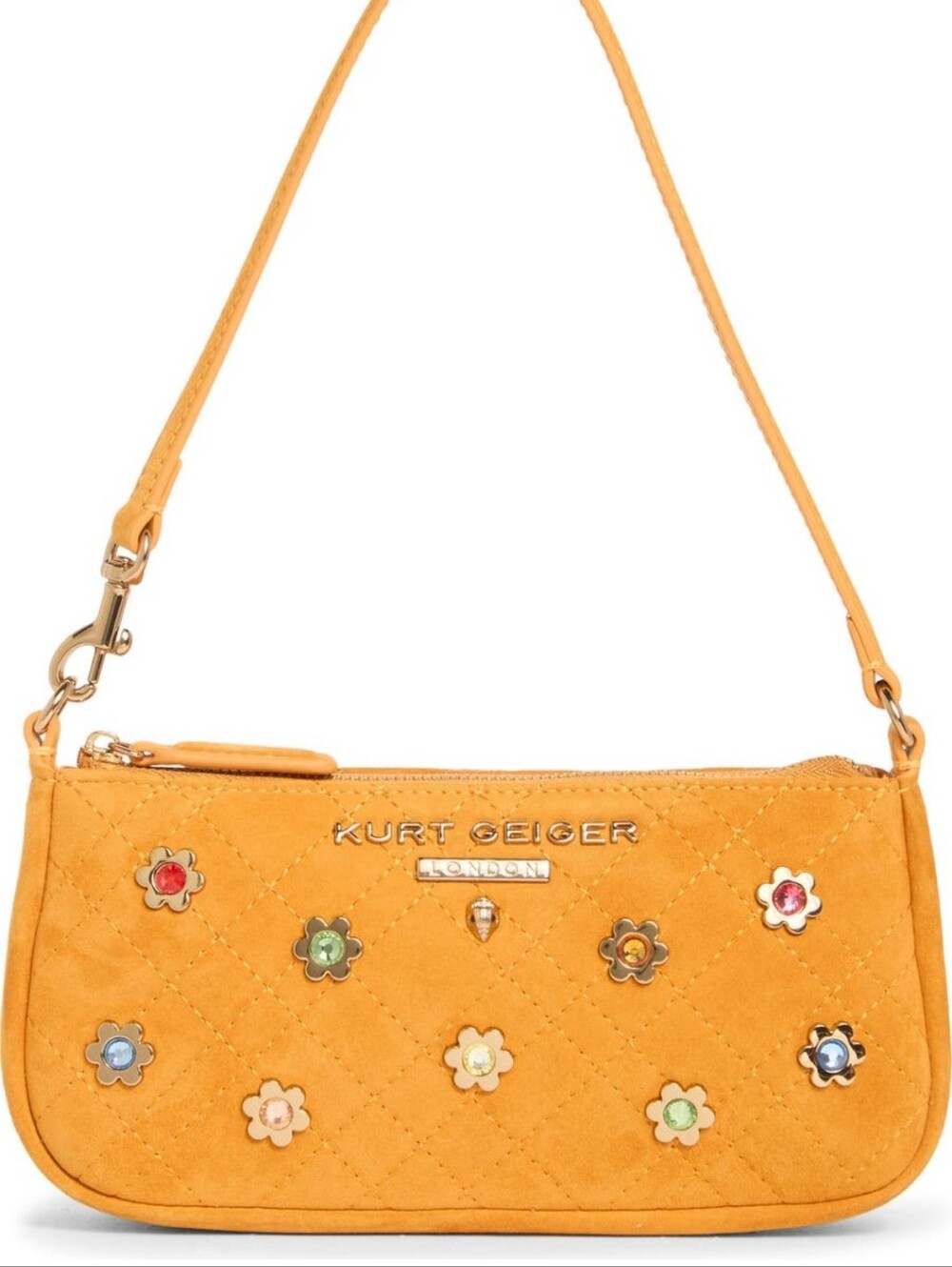 NWT Kurt Geiger Mustard Quilted Mini Shoulder Bag with Floral Studs